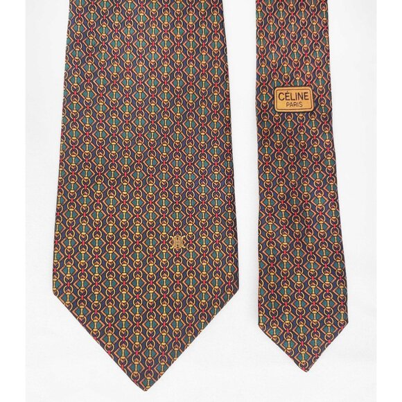 Celine Paris Mens Neck tie Geo Print Chain Link Logo Design Silk Green Red Navy - Picture 2 of 9